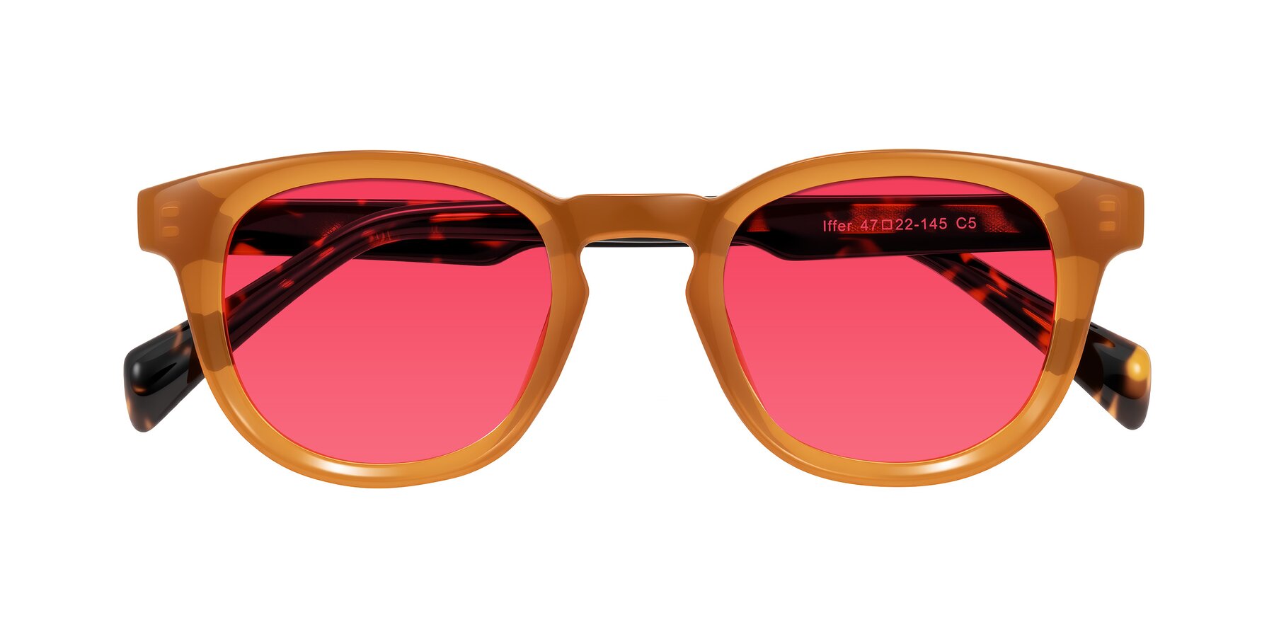 Folded Front of Iffer in Caramel/Tortoise with Red Tinted Lenses