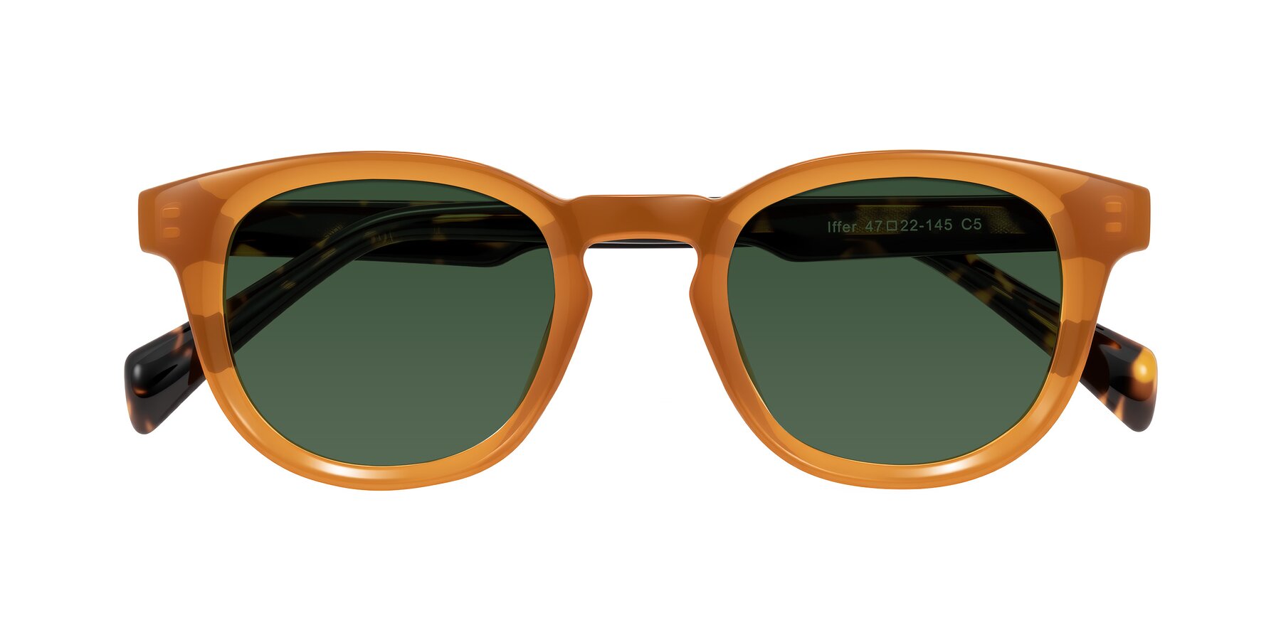 Folded Front of Iffer in Caramel/Tortoise with Green Tinted Lenses