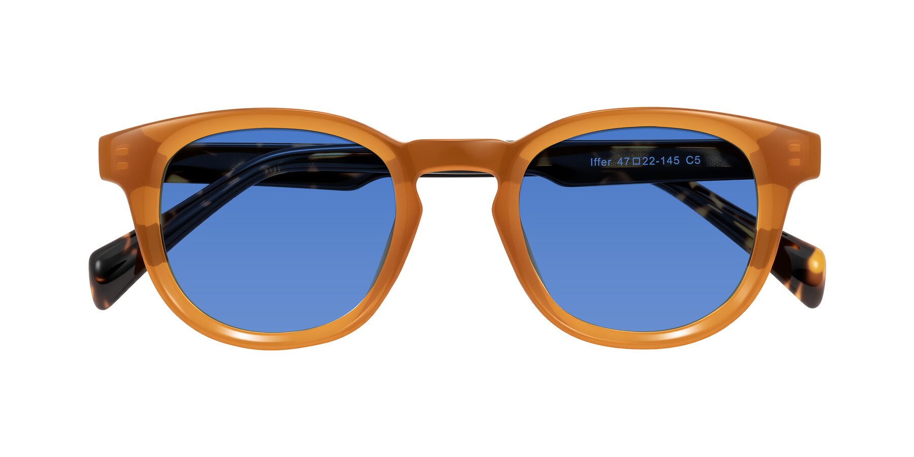 Folded Front of Iffer in Caramel/Tortoise with Blue Tinted Lenses