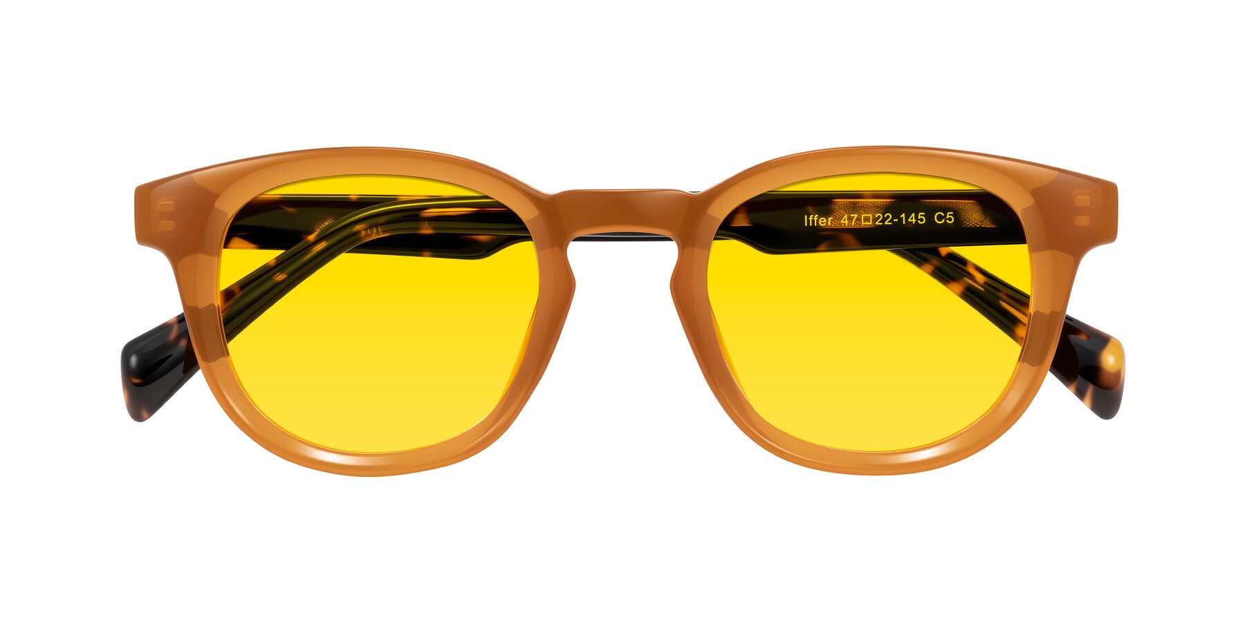 Folded Front of Iffer in Caramel/Tortoise with Yellow Tinted Lenses