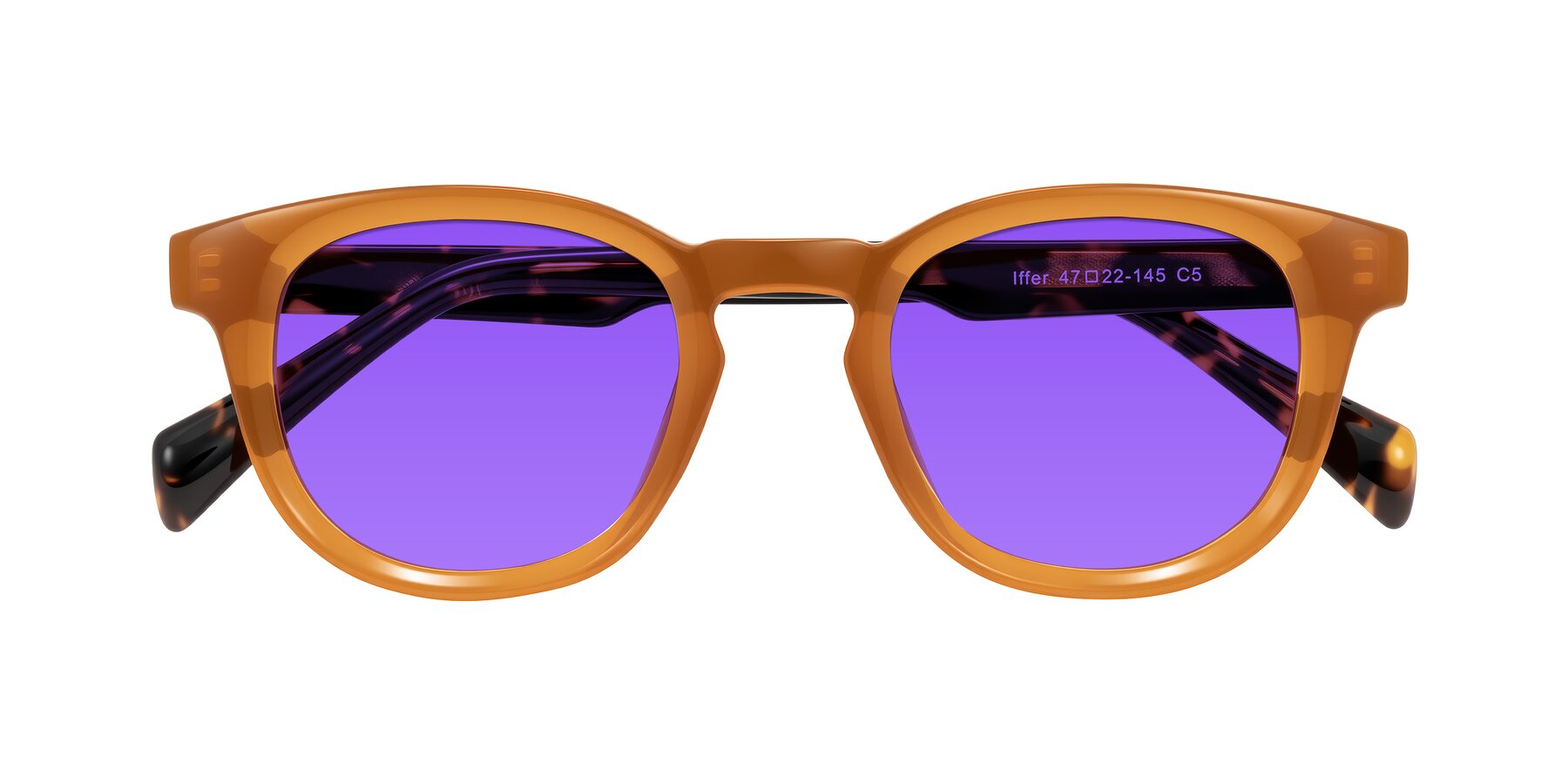 Folded Front of Iffer in Caramel/Tortoise with Purple Tinted Lenses