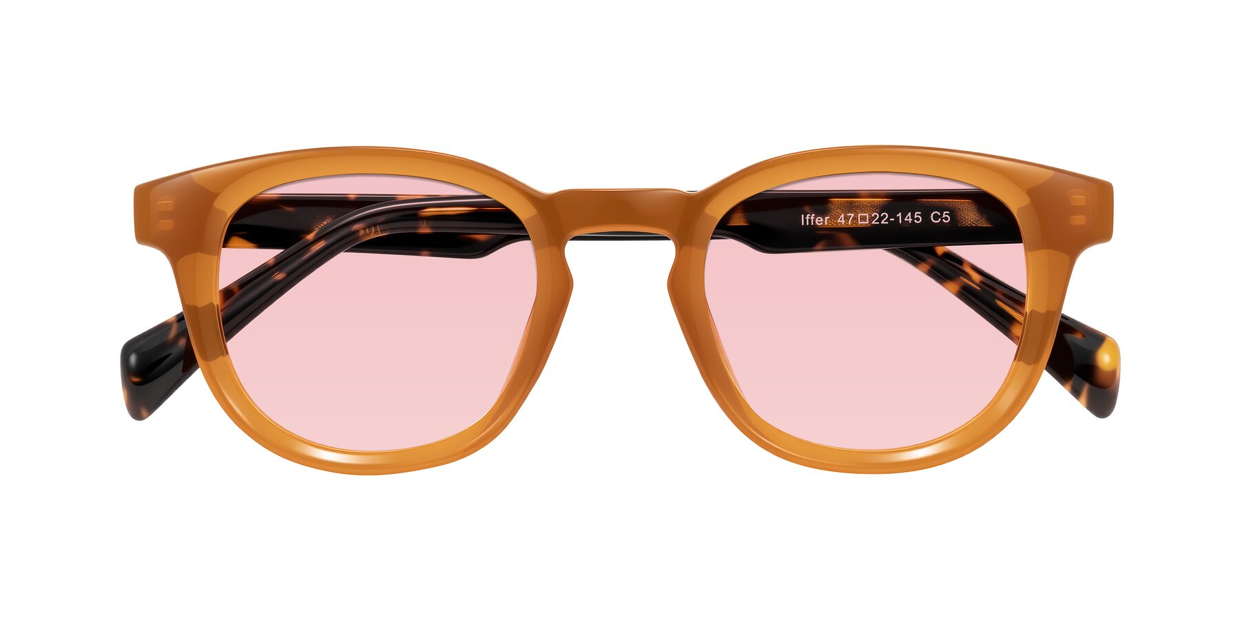 Folded Front of Iffer in Caramel/Tortoise with Light Garnet Tinted Lenses