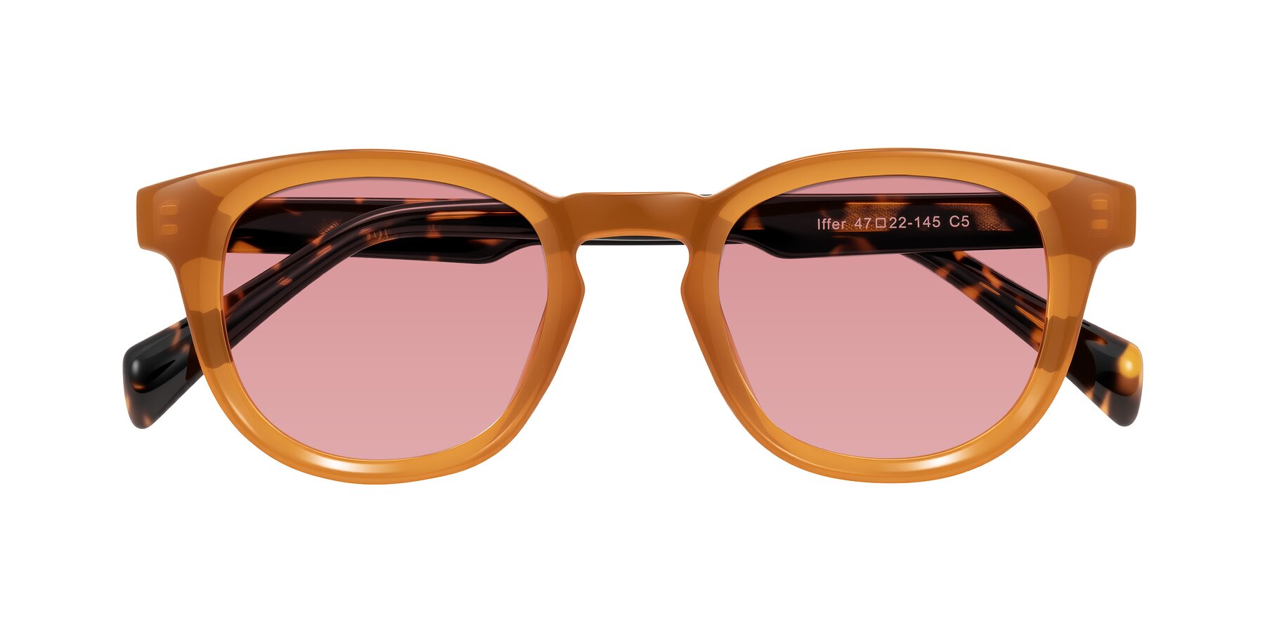 Folded Front of Iffer in Caramel/Tortoise with Medium Garnet Tinted Lenses