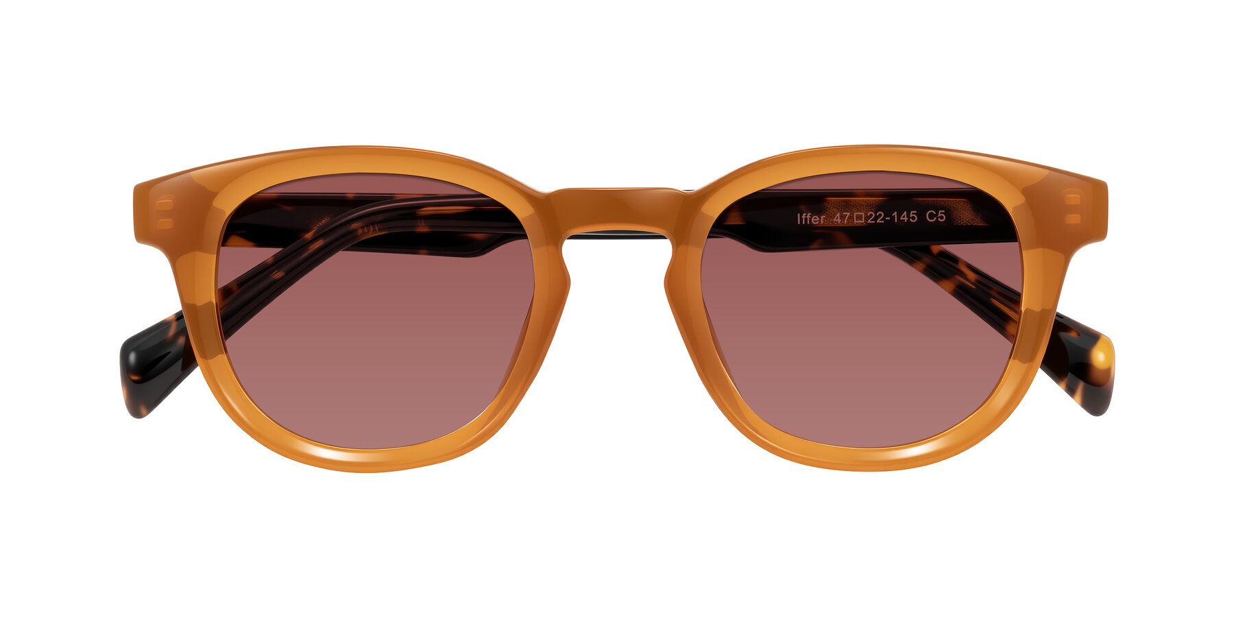 Folded Front of Iffer in Caramel/Tortoise with Garnet Tinted Lenses