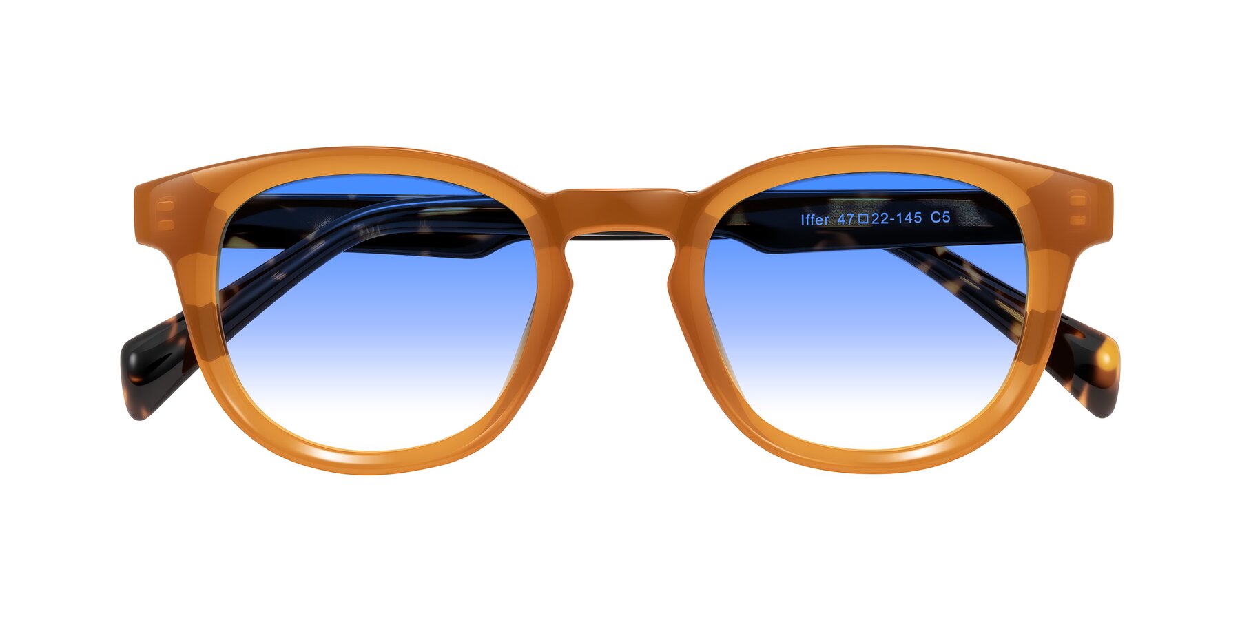 Folded Front of Iffer in Caramel/Tortoise with Blue Gradient Lenses