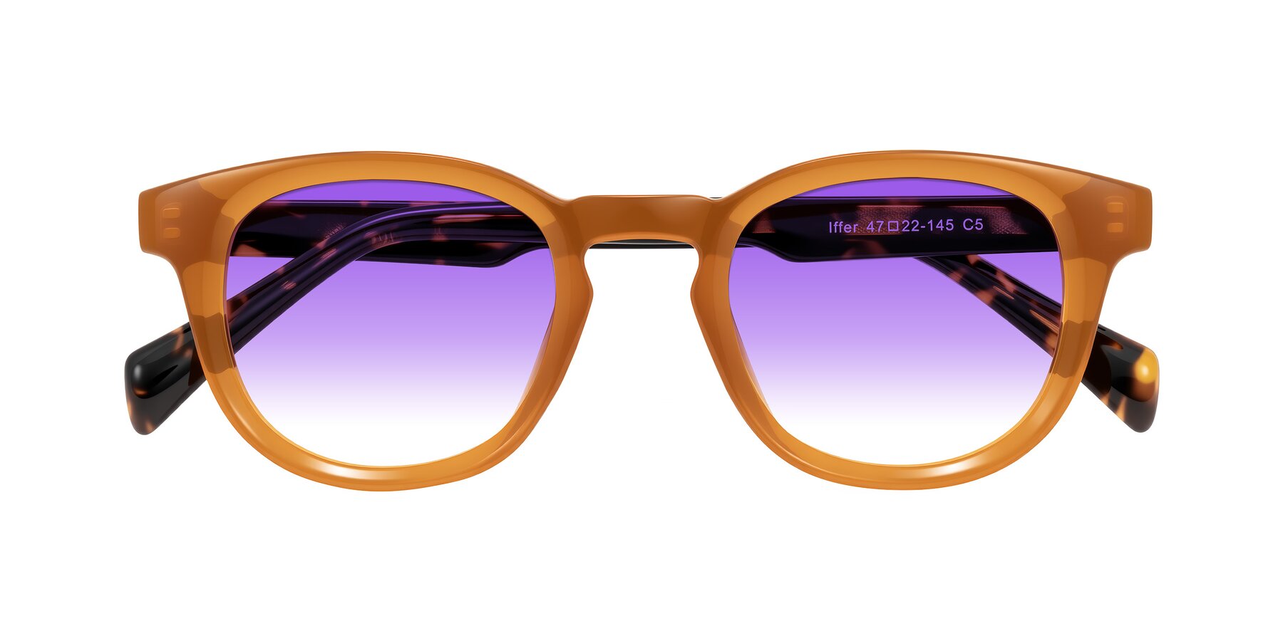 Folded Front of Iffer in Caramel/Tortoise with Purple Gradient Lenses
