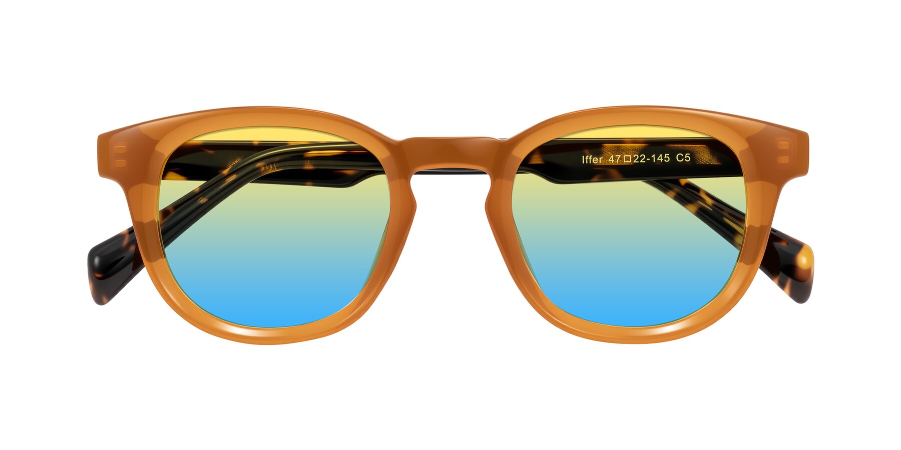 Folded Front of Iffer in Caramel/Tortoise with Yellow / Blue Gradient Lenses