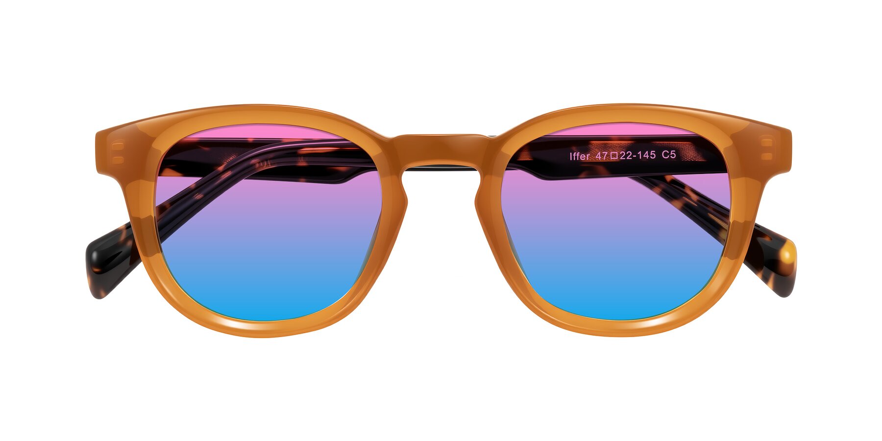 Folded Front of Iffer in Caramel/Tortoise with Pink / Blue Gradient Lenses