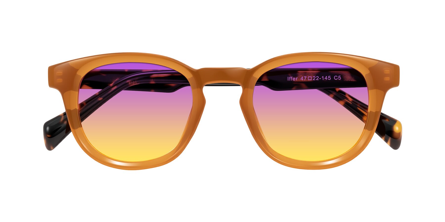 Folded Front of Iffer in Caramel/Tortoise with Purple / Yellow Gradient Lenses