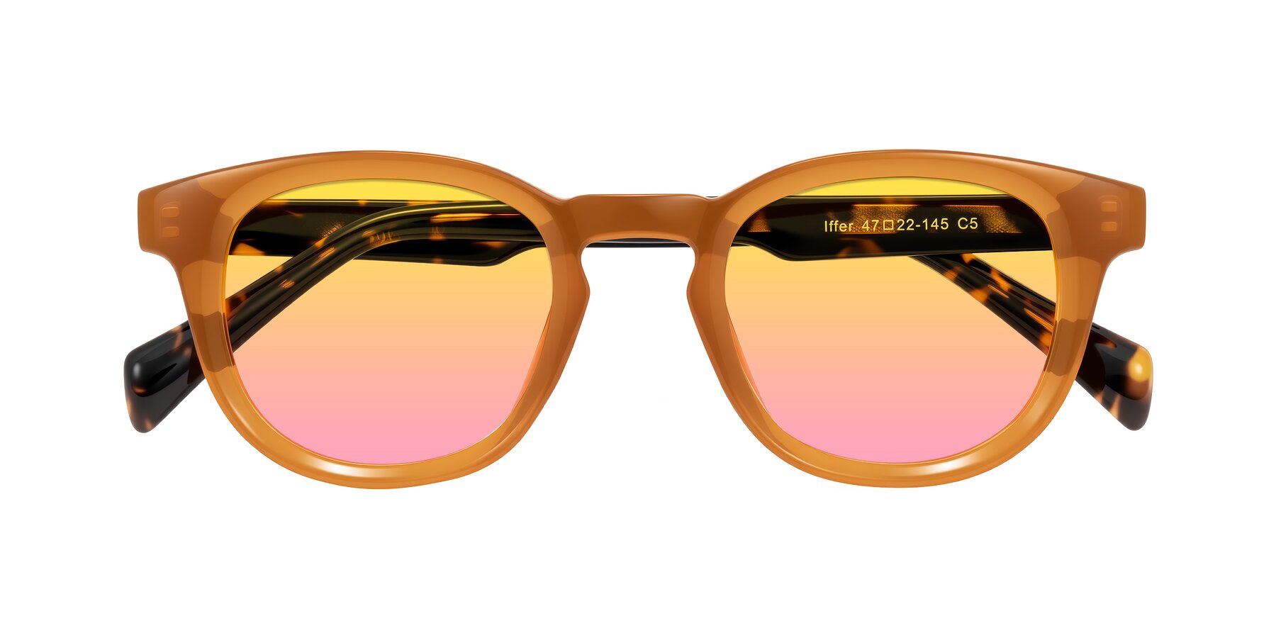 Folded Front of Iffer in Caramel/Tortoise with Yellow / Pink Gradient Lenses