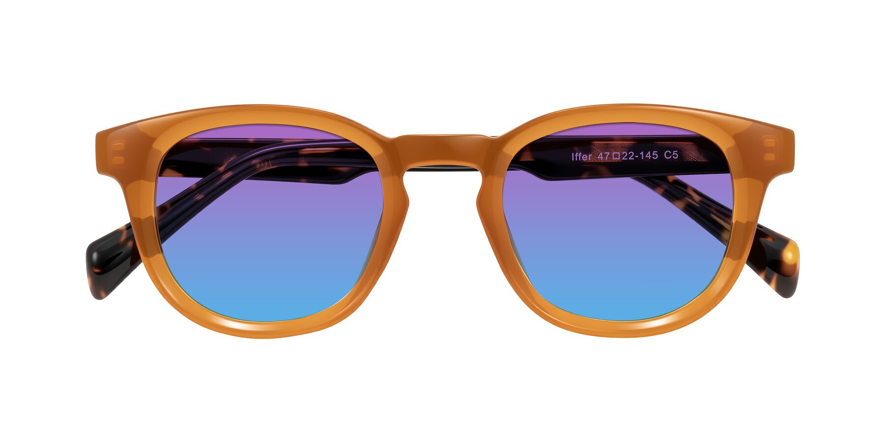 Folded Front of Iffer in Caramel/Tortoise with Purple / Blue Gradient Lenses