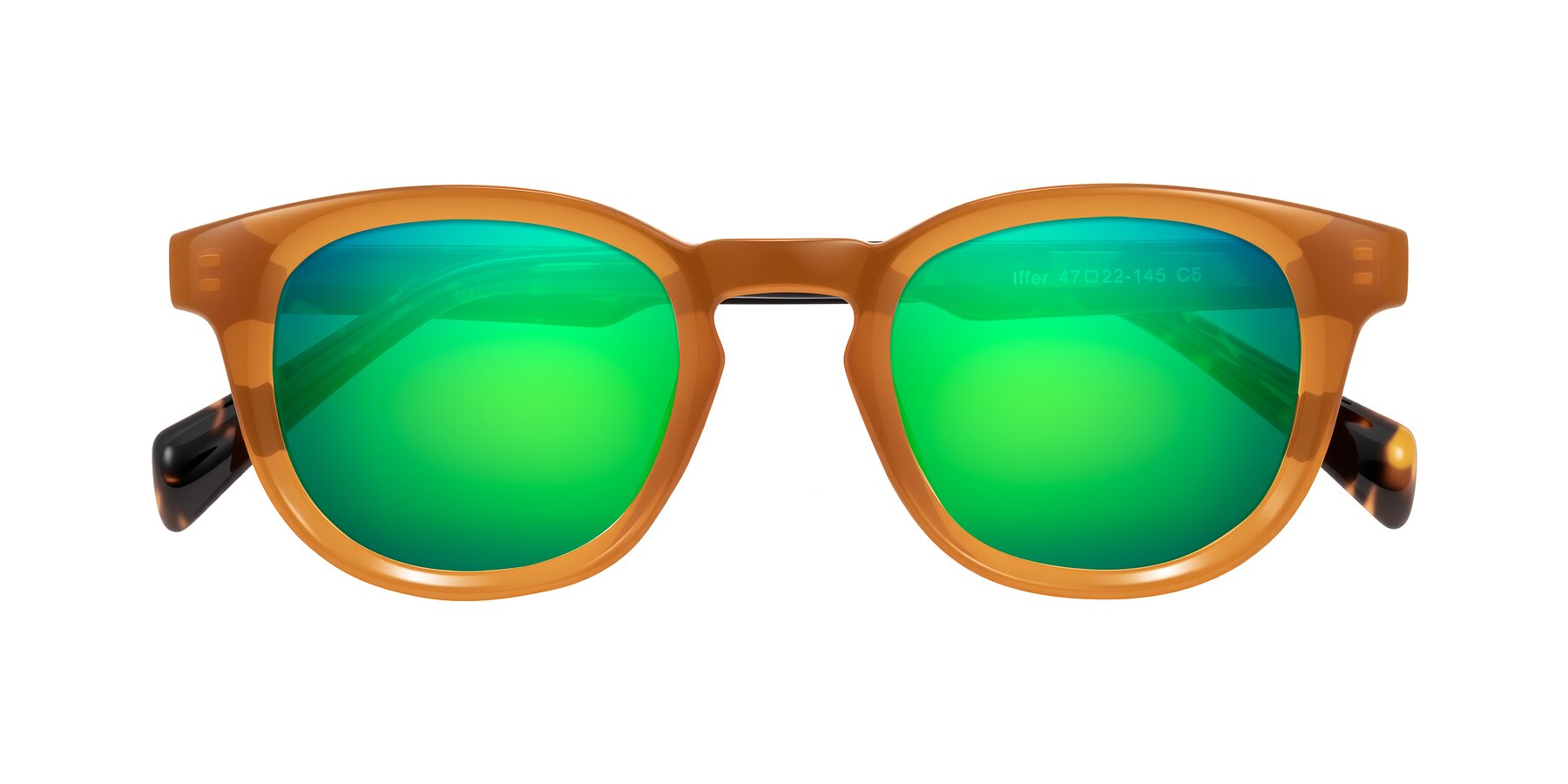 Folded Front of Iffer in Caramel/Tortoise with Green Mirrored Lenses