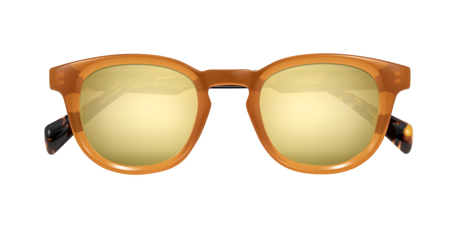 Folded Front of Iffer in Caramel/Tortoise with Gold Mirrored Lenses