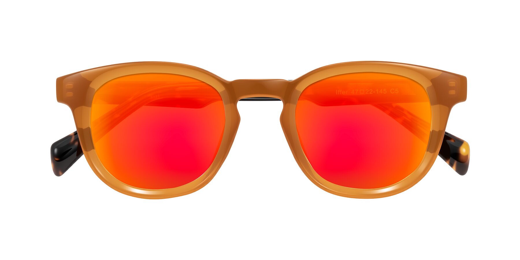 Folded Front of Iffer in Caramel/Tortoise with Red Gold Mirrored Lenses
