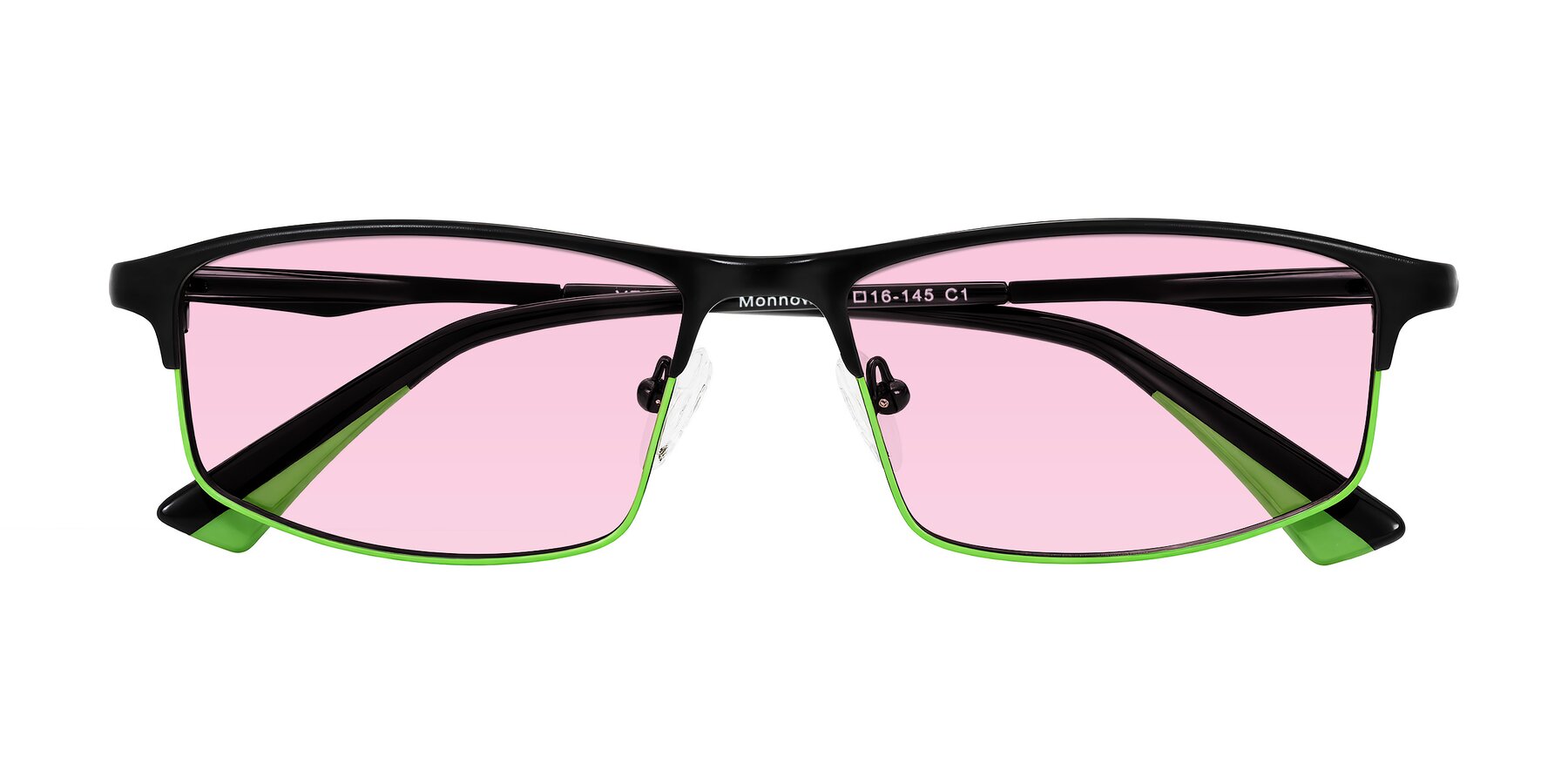 Folded Front of Monnow in Black/Green with Light Pink Tinted Lenses