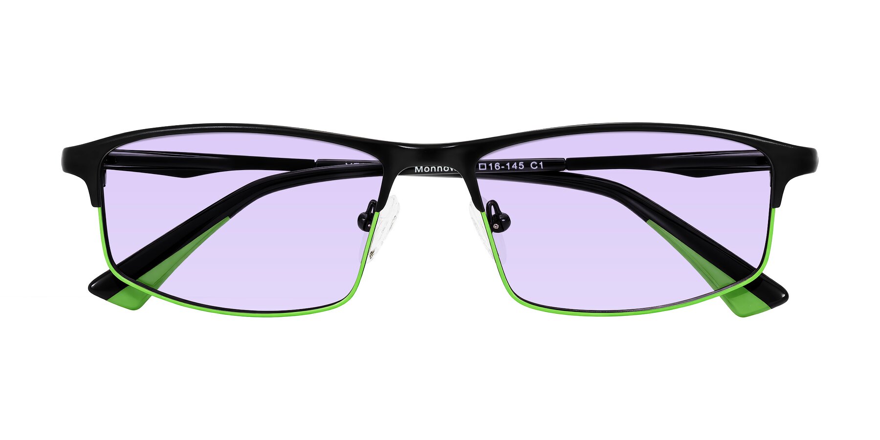 Folded Front of Monnow in Black/Green with Light Purple Tinted Lenses