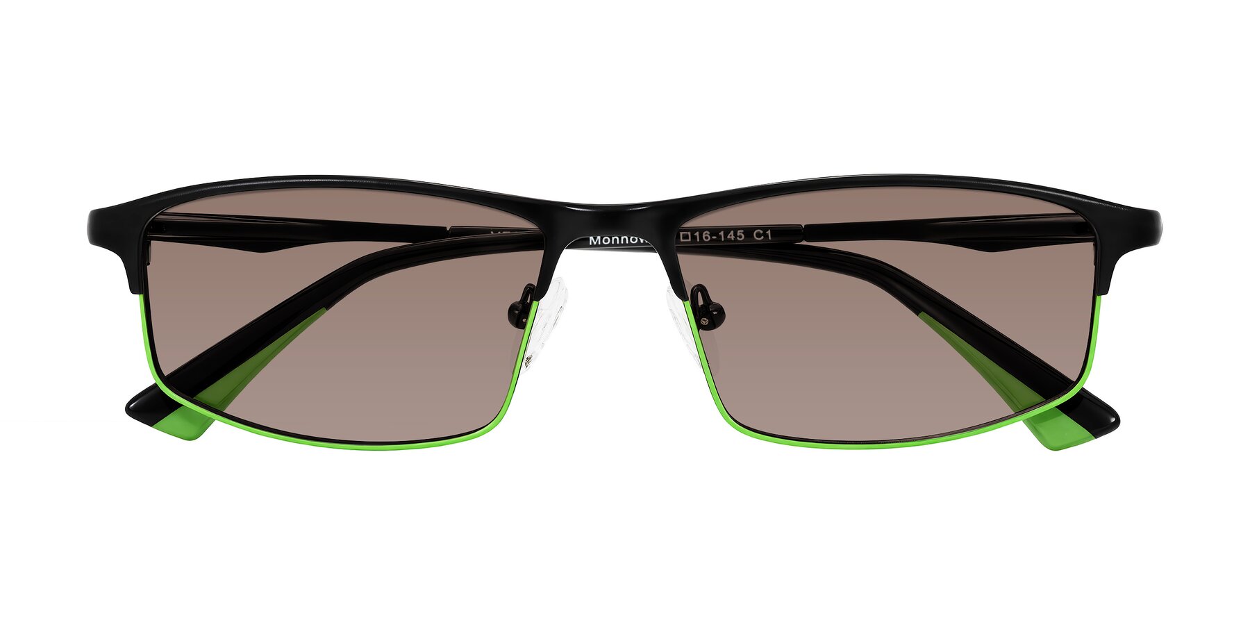 Folded Front of Monnow in Black/Green with Medium Brown Tinted Lenses