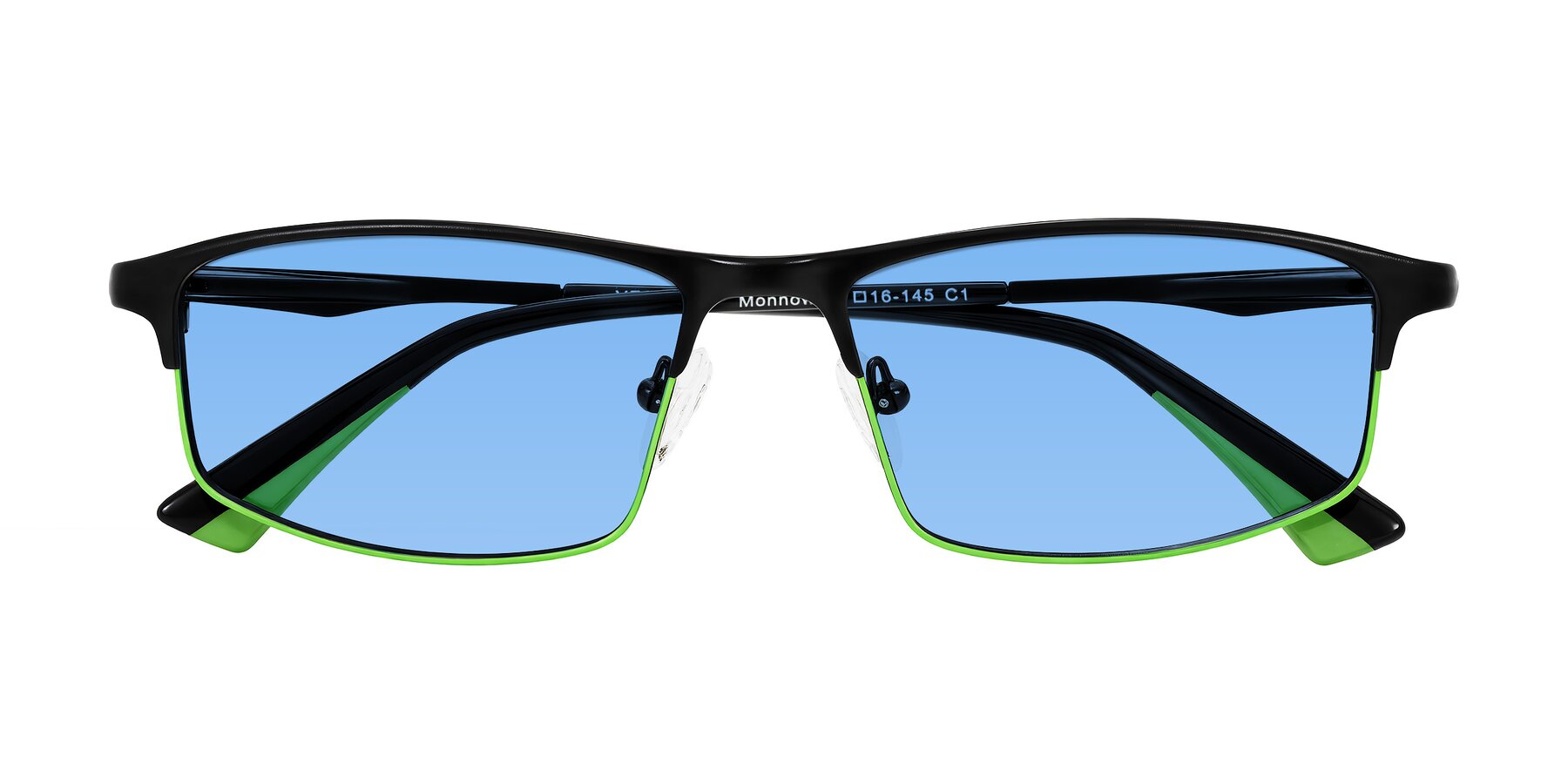 Folded Front of Monnow in Black/Green with Medium Blue Tinted Lenses