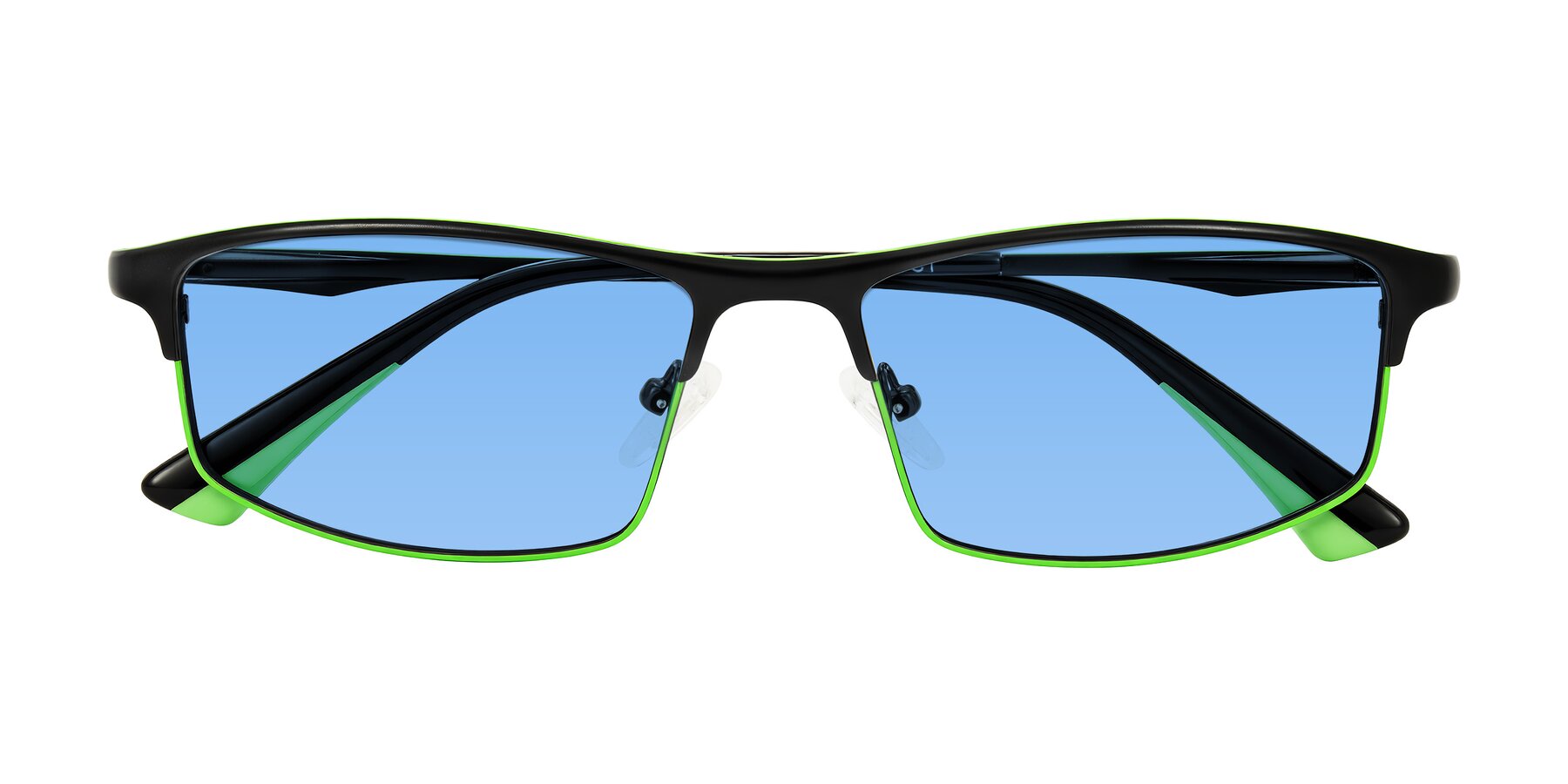 Folded Front of Monnow in Black/Green with Medium Blue Tinted Lenses