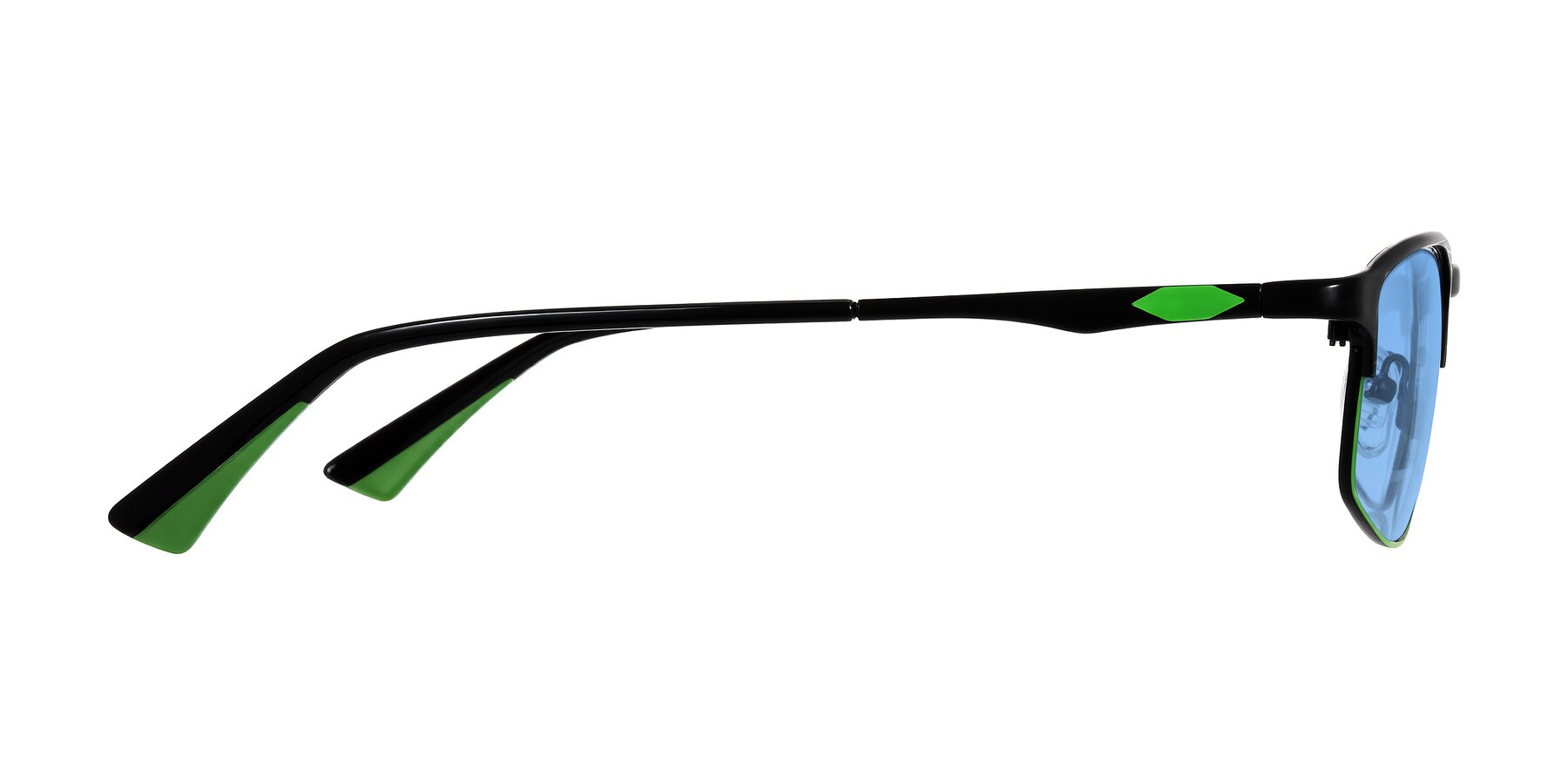 Side of Monnow in Black/Green with Medium Blue Tinted Lenses