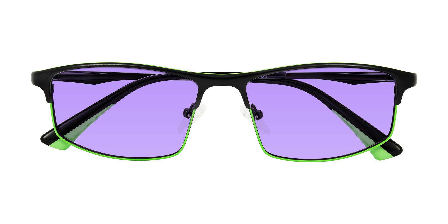 Folded Front of Monnow in Black/Green with Medium Purple Tinted Lenses