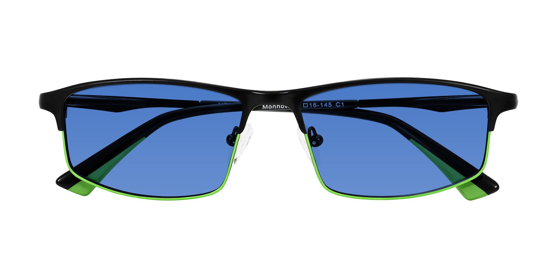 Folded Front of Monnow in Black/Green with Blue Tinted Lenses
