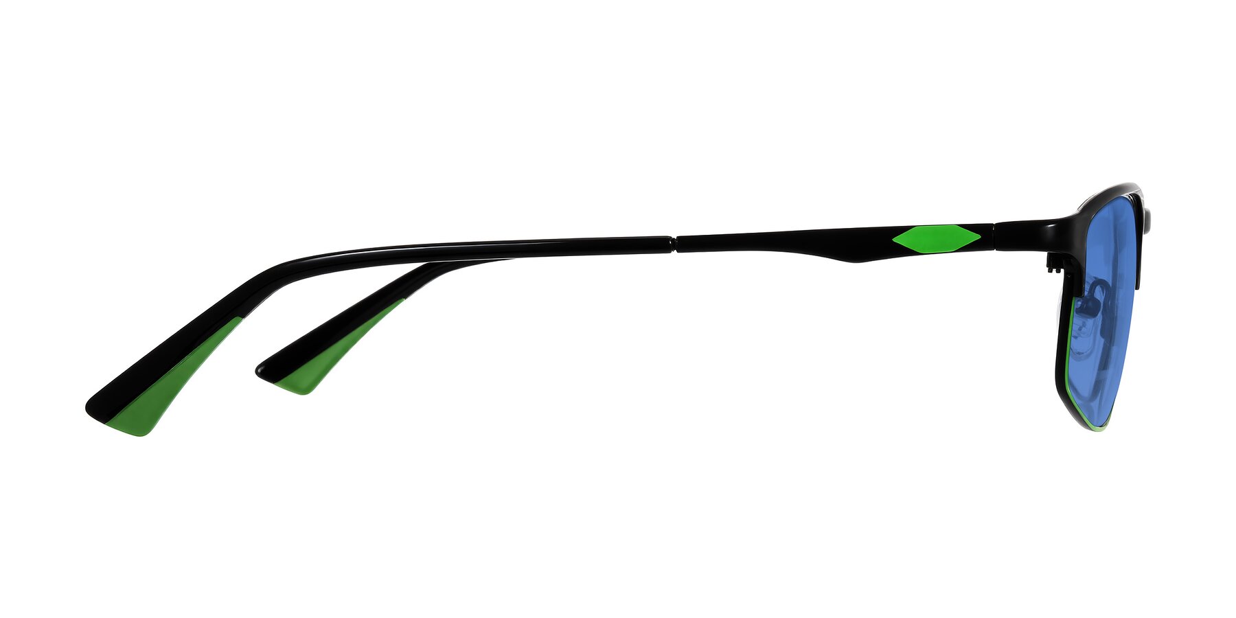 Side of Monnow in Black/Green with Blue Tinted Lenses