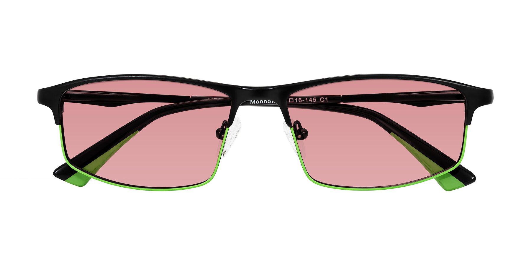 Folded Front of Monnow in Black/Green with Medium Garnet Tinted Lenses
