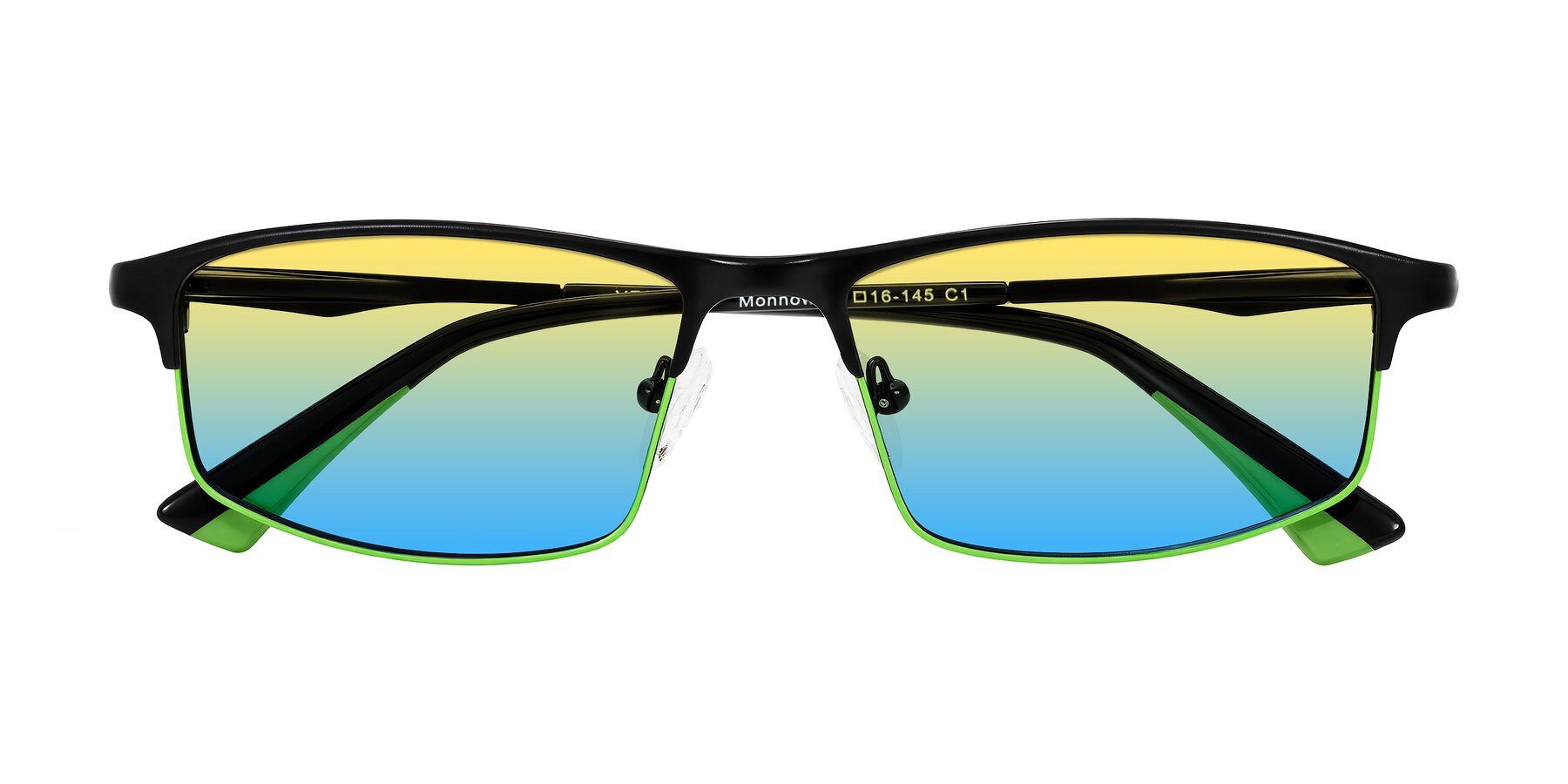 Folded Front of Monnow in Black/Green with Yellow / Blue Gradient Lenses
