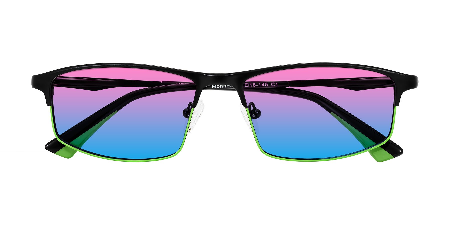 Folded Front of Monnow in Black/Green with Pink / Blue Gradient Lenses