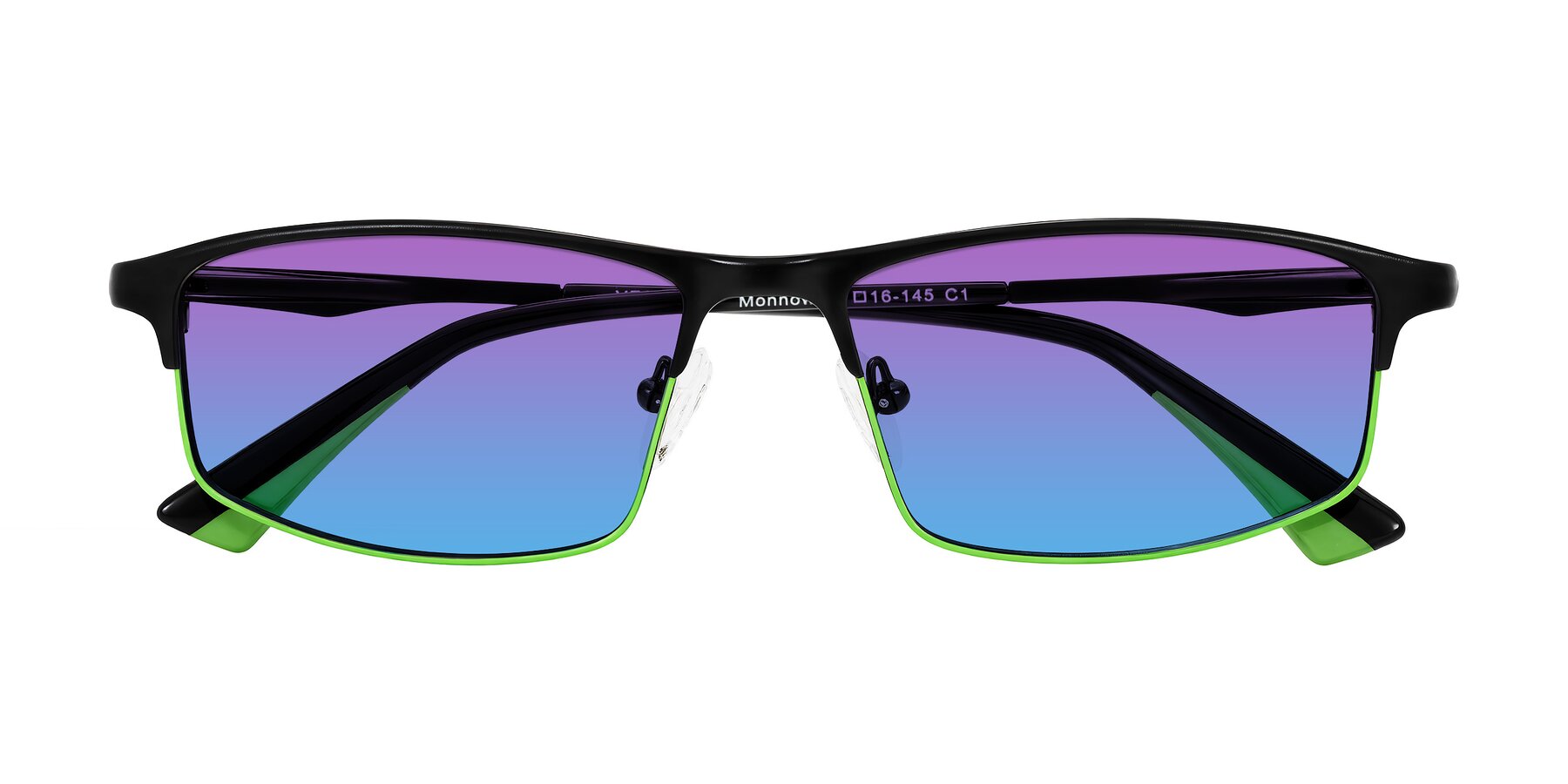 Folded Front of Monnow in Black/Green with Purple / Blue Gradient Lenses