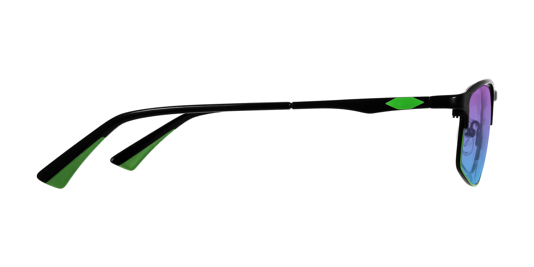 Side of Monnow in Black/Green with Purple / Blue Gradient Lenses