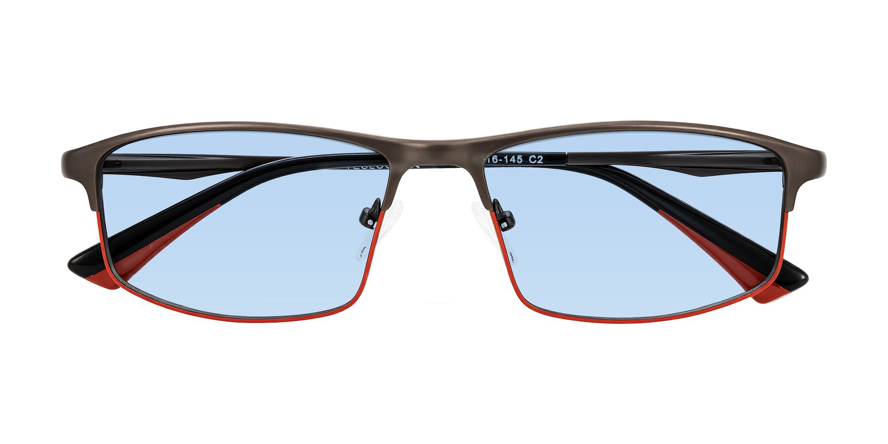 Folded Front of Monnow in Gray/Red with Light Blue Tinted Lenses