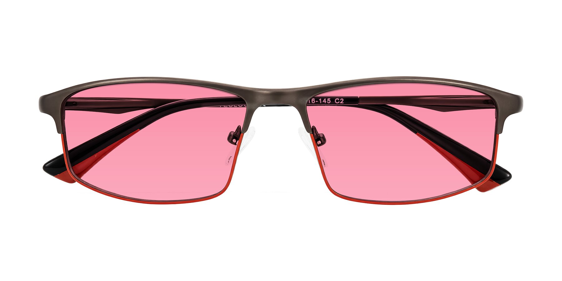 Folded Front of Monnow in Gray/Red with Pink Tinted Lenses