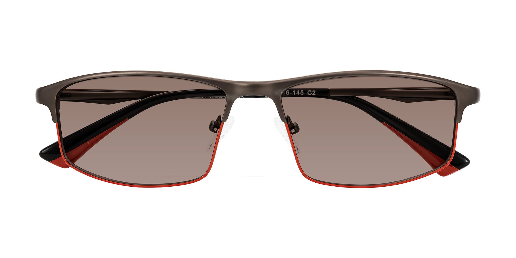 Folded Front of Monnow in Gray/Red with Medium Brown Tinted Lenses