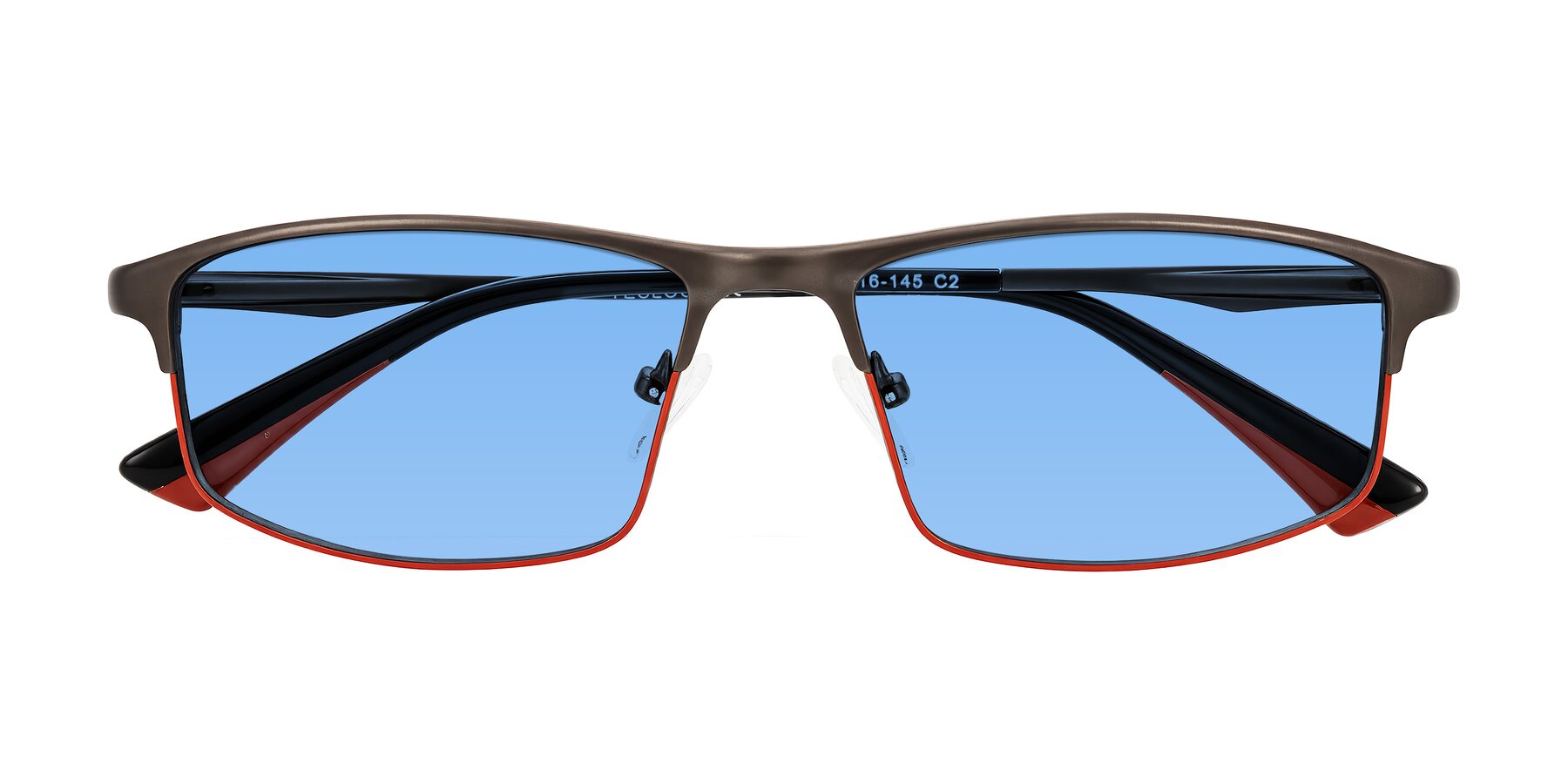 Folded Front of Monnow in Gray/Red with Medium Blue Tinted Lenses