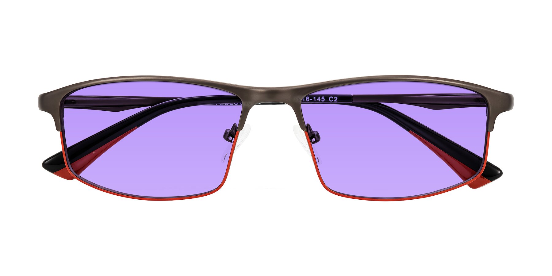 Folded Front of Monnow in Gray/Red with Medium Purple Tinted Lenses