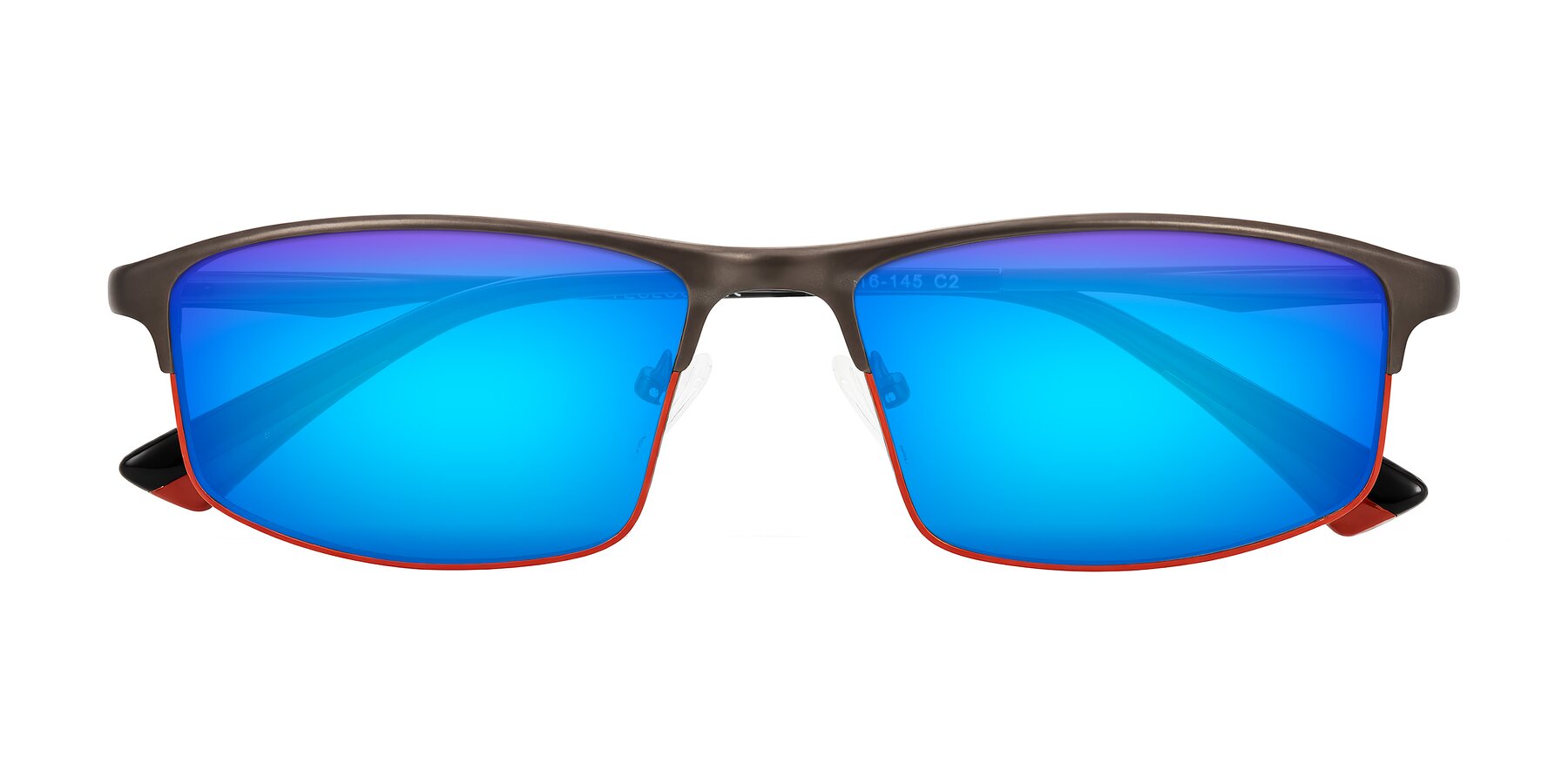 Folded Front of Monnow in Gray/Red with Blue Mirrored Lenses