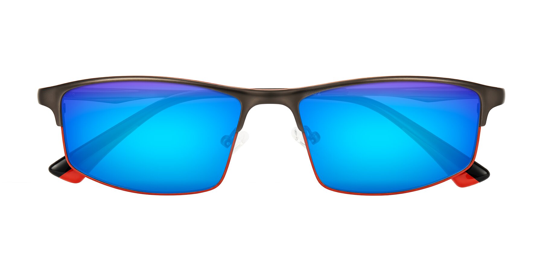 Folded Front of Monnow in Gray/Red with Blue Mirrored Lenses