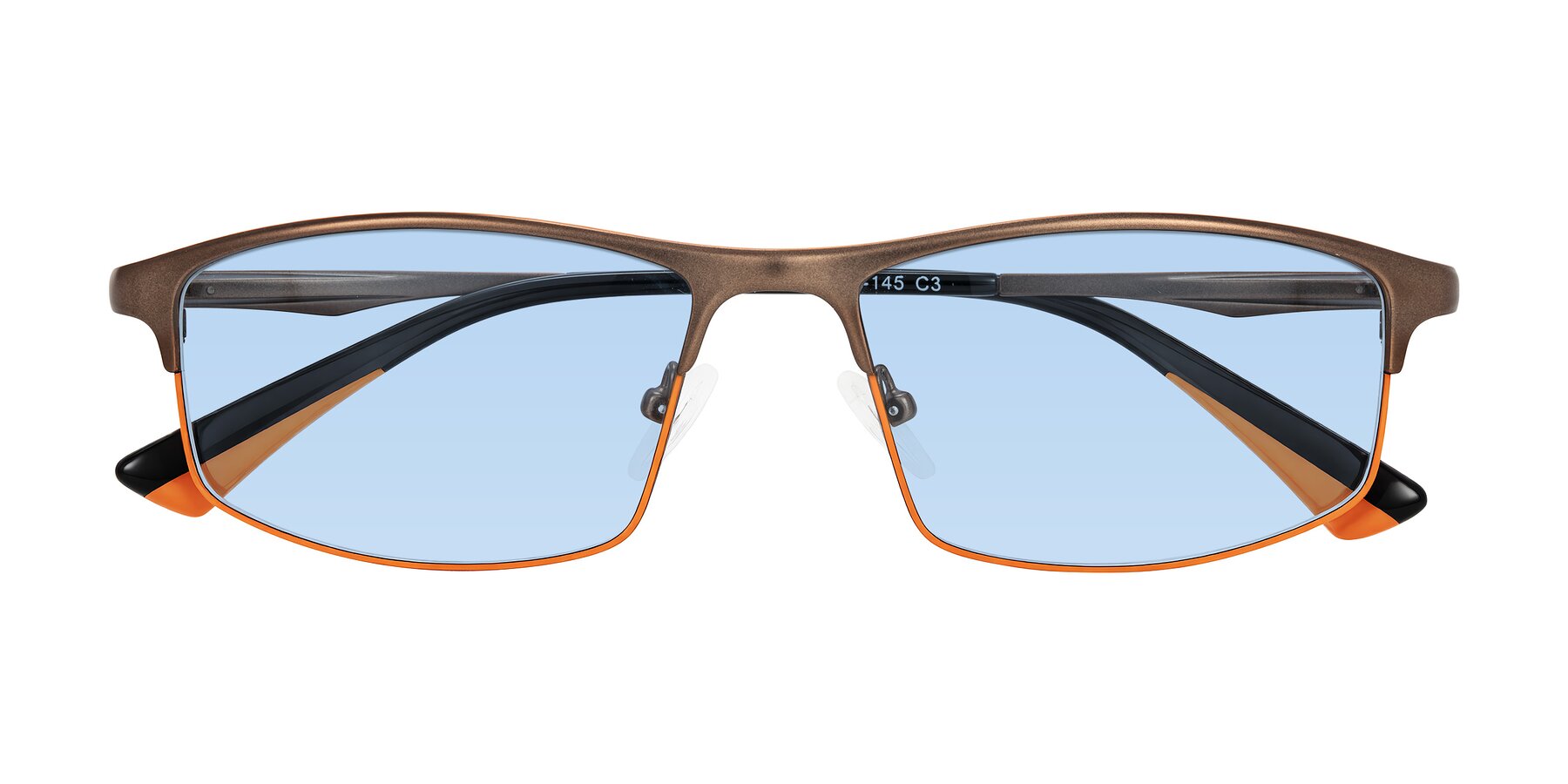 Folded Front of Monnow in Brown/Orange with Light Blue Tinted Lenses