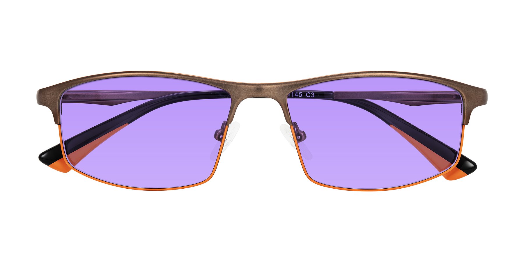 Folded Front of Monnow in Brown/Orange with Medium Purple Tinted Lenses