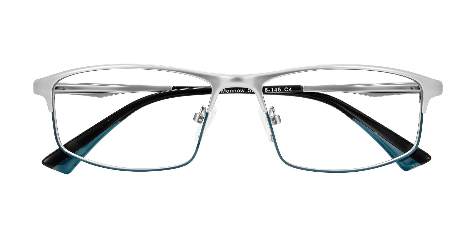 Folded Front of Monnow in Silver/Peacock Blue with Clear Reading Eyeglass Lenses