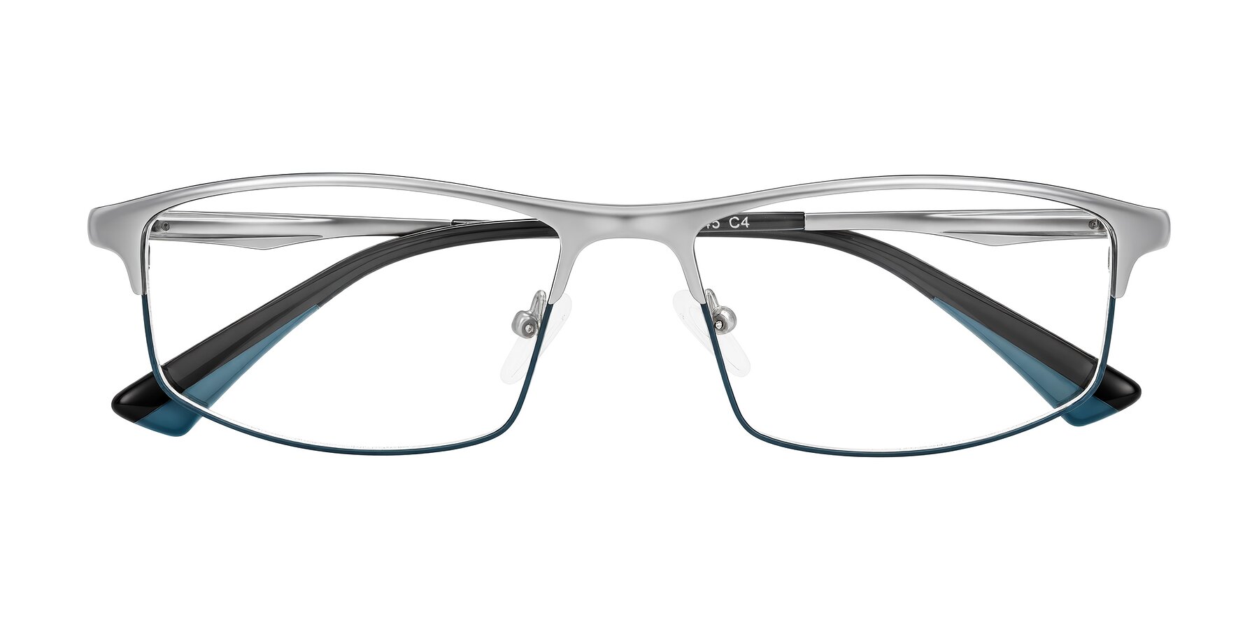 Folded Front of Monnow in Silver/Peacock Blue with Clear Reading Eyeglass Lenses