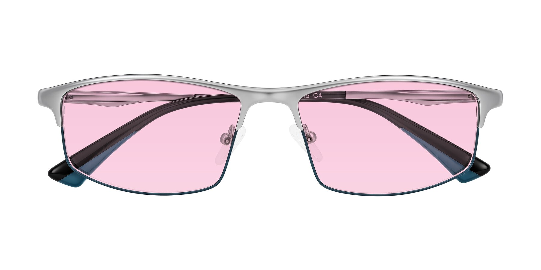 Folded Front of Monnow in Silver/Peacock Blue with Light Pink Tinted Lenses