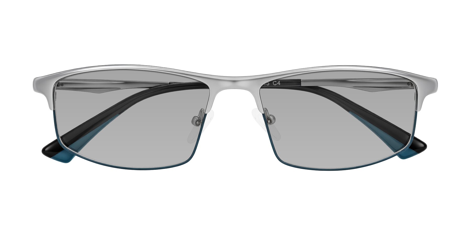 Folded Front of Monnow in Silver/Peacock Blue with Light Gray Tinted Lenses