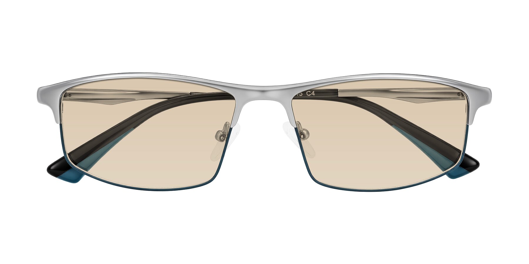Folded Front of Monnow in Silver/Peacock Blue with Light Brown Tinted Lenses