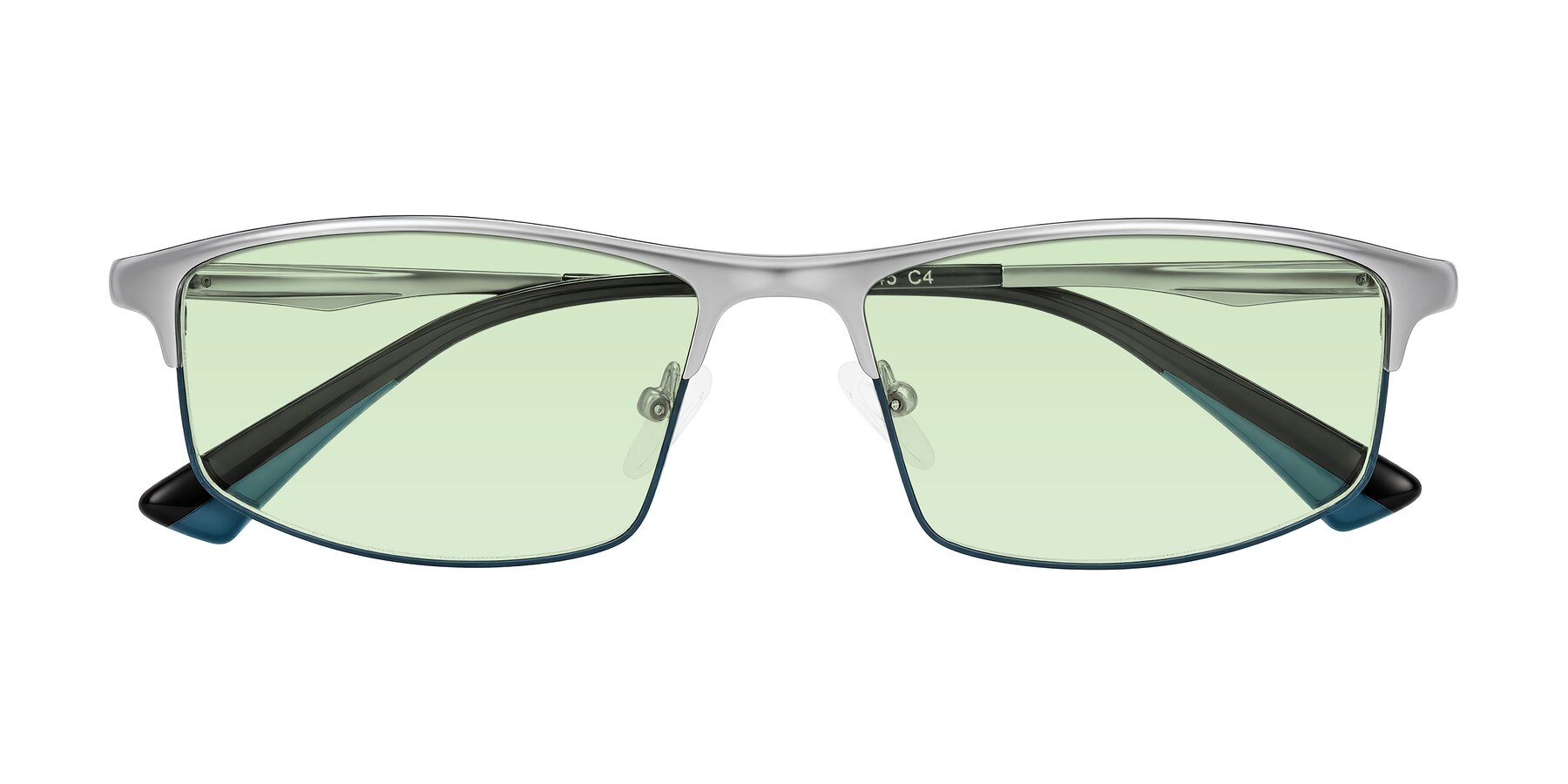 Folded Front of Monnow in Silver/Peacock Blue with Light Green Tinted Lenses