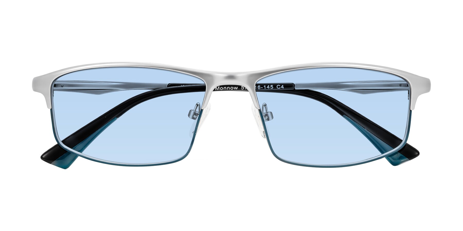 Folded Front of Monnow in Silver/Peacock Blue with Light Blue Tinted Lenses
