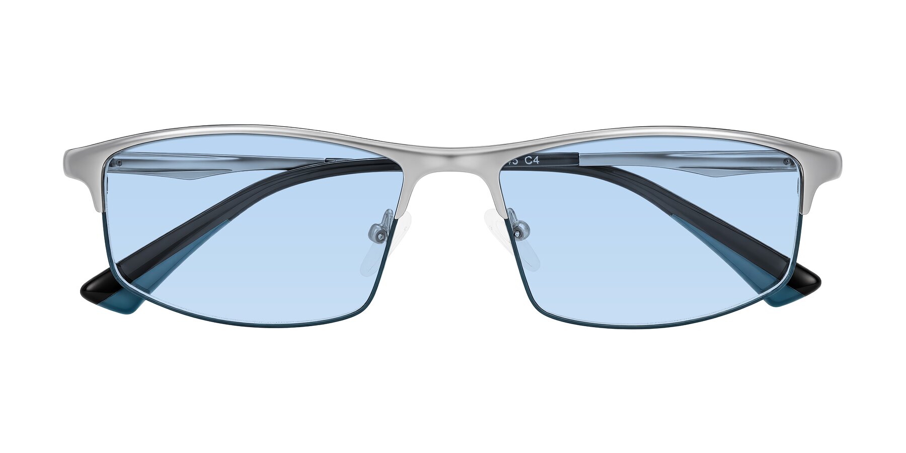 Folded Front of Monnow in Silver/Peacock Blue with Light Blue Tinted Lenses