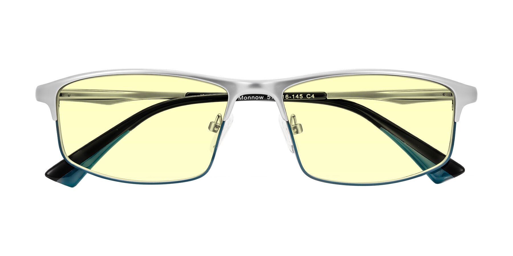 Folded Front of Monnow in Silver/Peacock Blue with Light Yellow Tinted Lenses